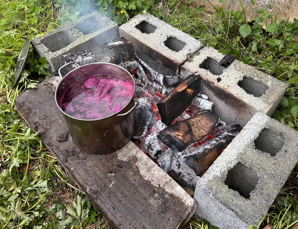 A pot sits next to an outdoor fire. The liquid inside the pot is pink from cochineal.