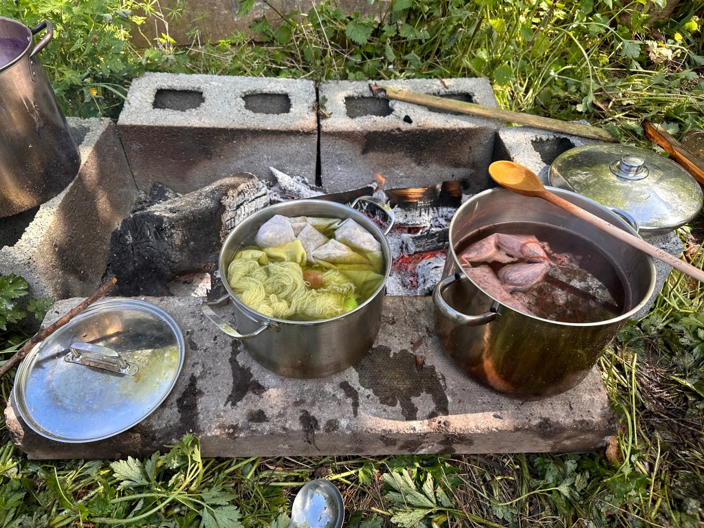 Two pots sit next to an outdoor fire. The liquid inside the pot on the left is yellow from weld, and the liquid inside the pot on the right is brown from madder.