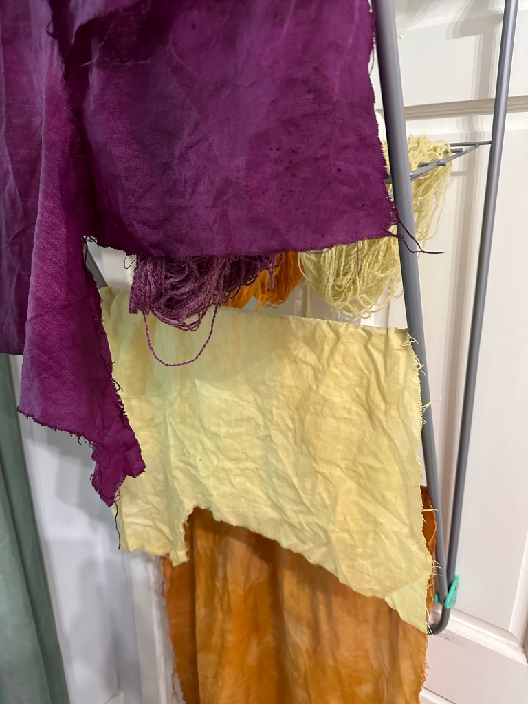 Dyed fabric and yarn hangs to dry inside. 